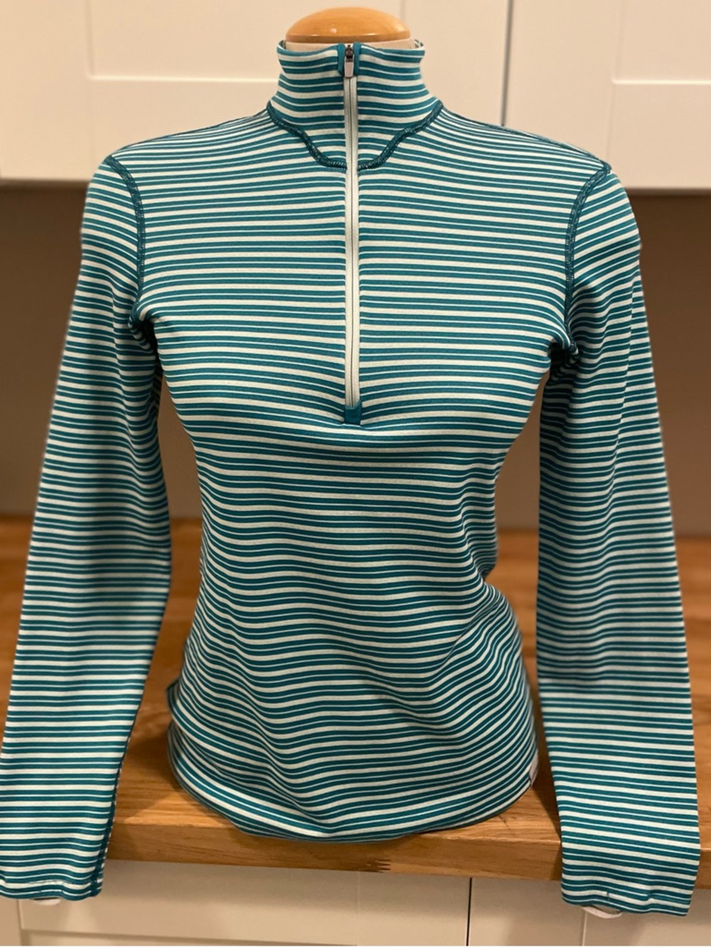 Patagonia Striped Teal and White Quarter-Zip Long Sleeve Midweight Capilene Top